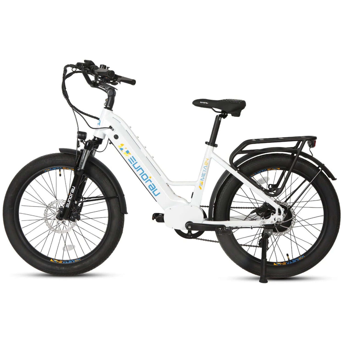 Eunorau META 2024 48V 500W Step-Thru Electric Bike in white with fat tires and rear rack.
