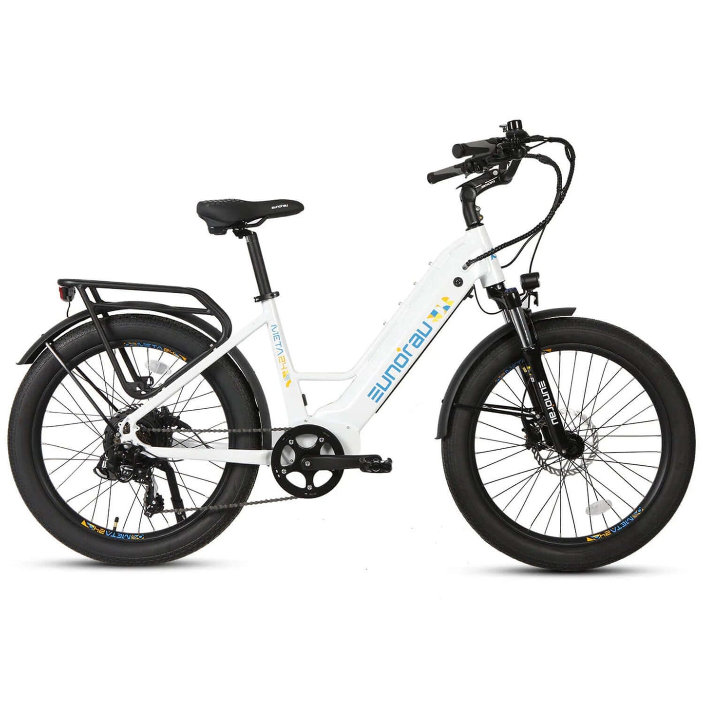 Eunorau META 2024 48V 500W Step-Thru Electric Bike with sleek design and wide tires.