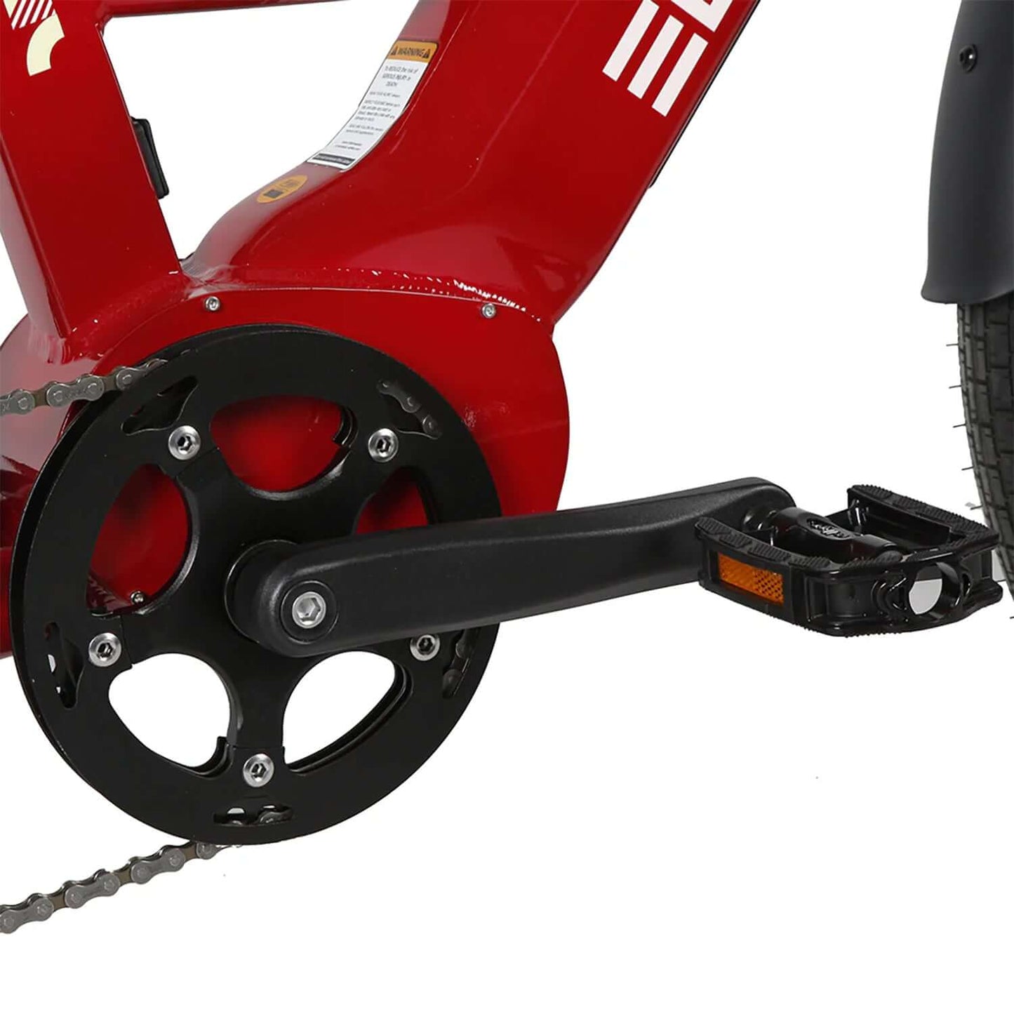 Eunorau META electric bike close-up of pedal and crankset showing black chainring and red frame.