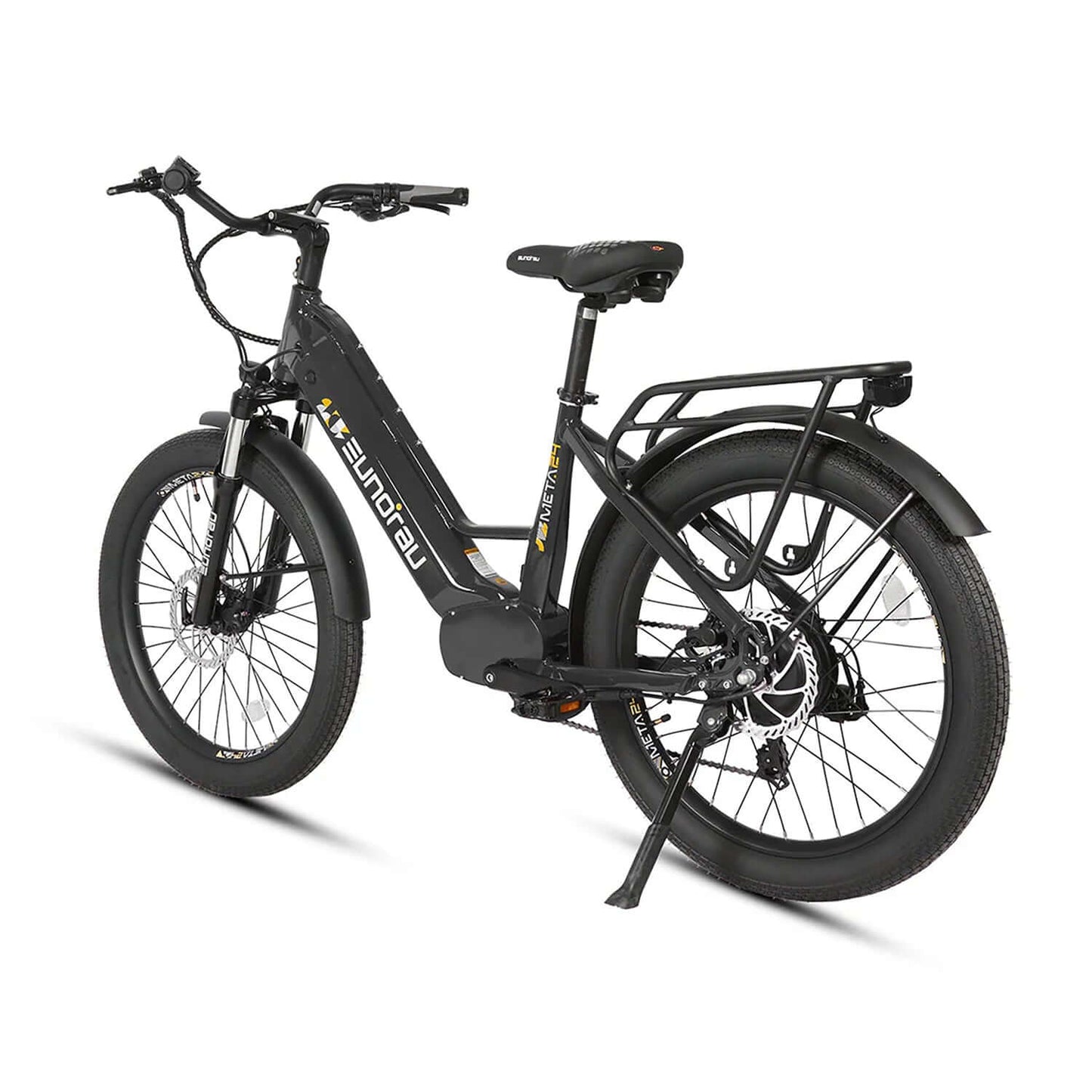 Eunorau META 2024 48V 500W Step-Thru Electric Bike in black, showcasing its sleek design and fat tires.