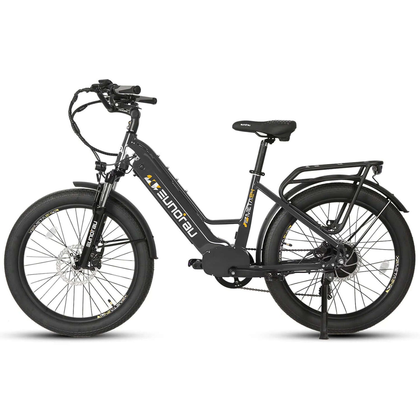 Eunorau META 2024 48V 500W Step-Thru Electric Bike in black with fat tires and rear rack.