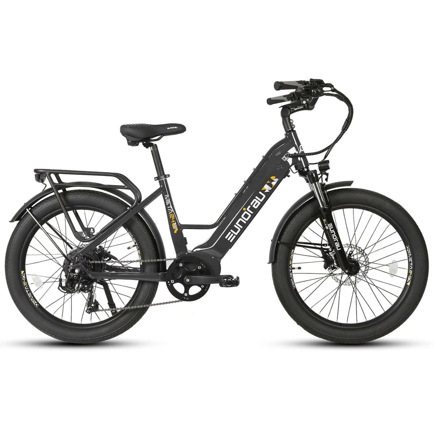 Eunorau META 2024 48V 500W Step-Thru Electric Bike side view with robust tires and rack.