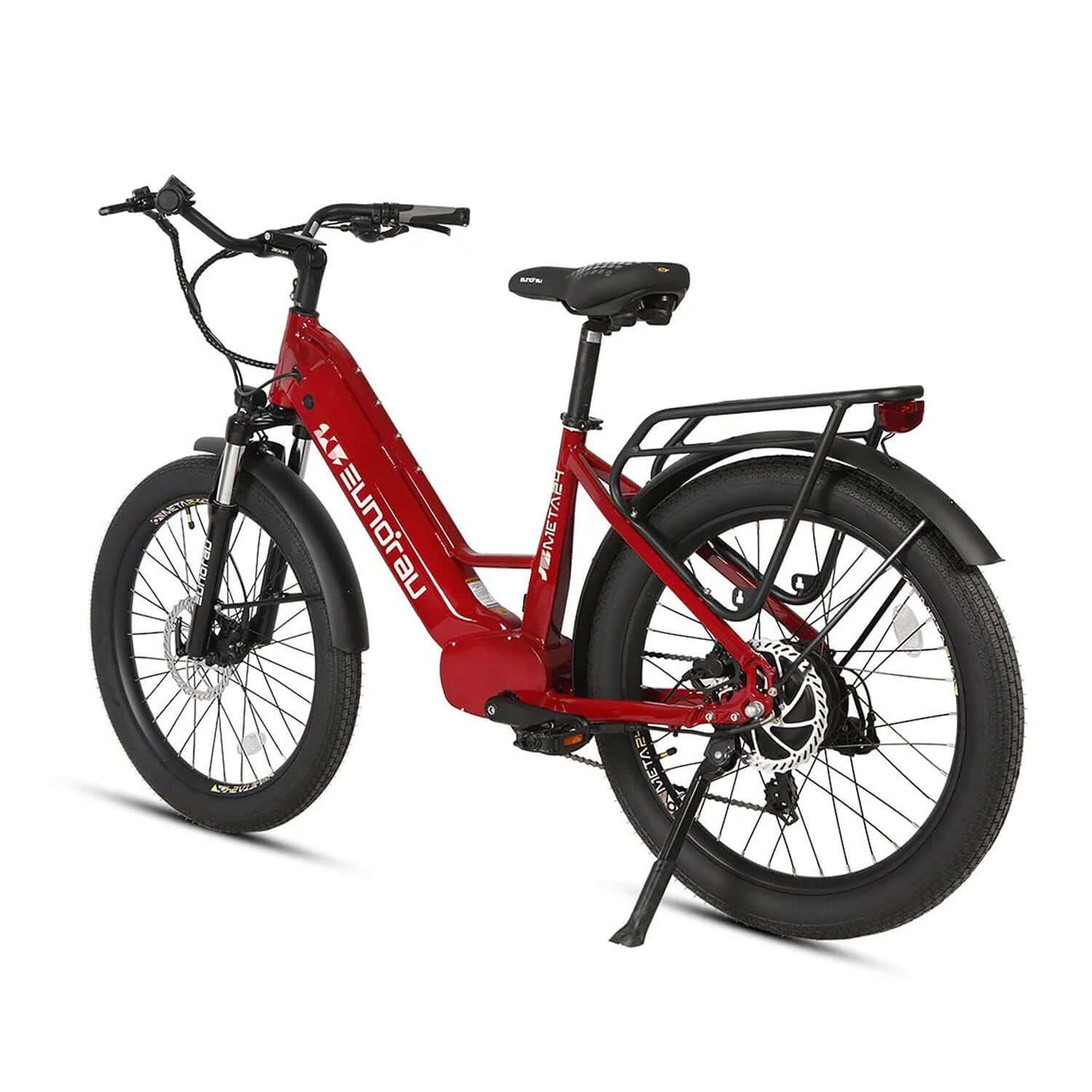 Eunorau META 2024 48V 500W Step-Thru Electric Bike in red color with a sturdy frame and wide tires.
