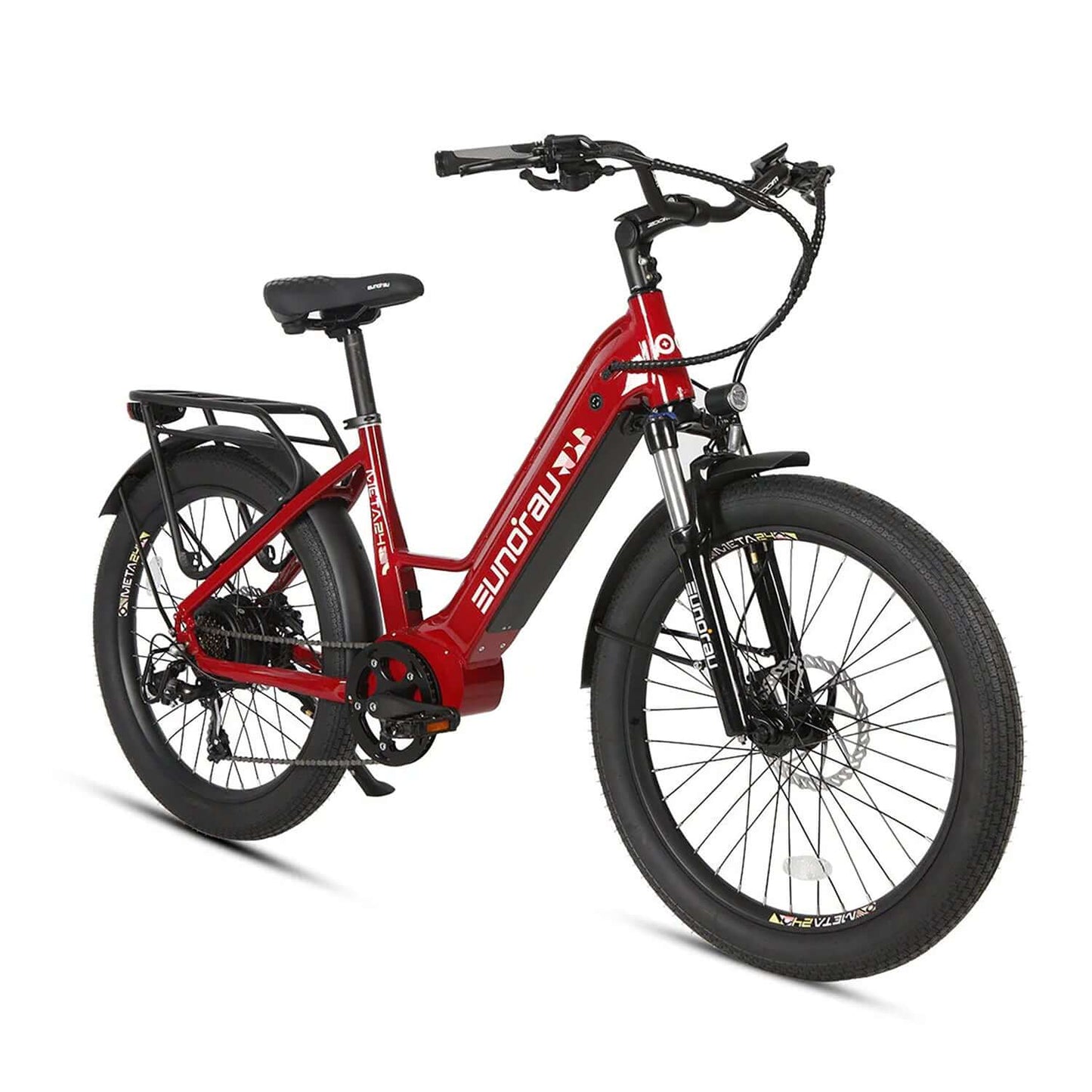 Eunorau META 2024 Step-Thru Electric Bike in red with large tires and powerful 500W motor.