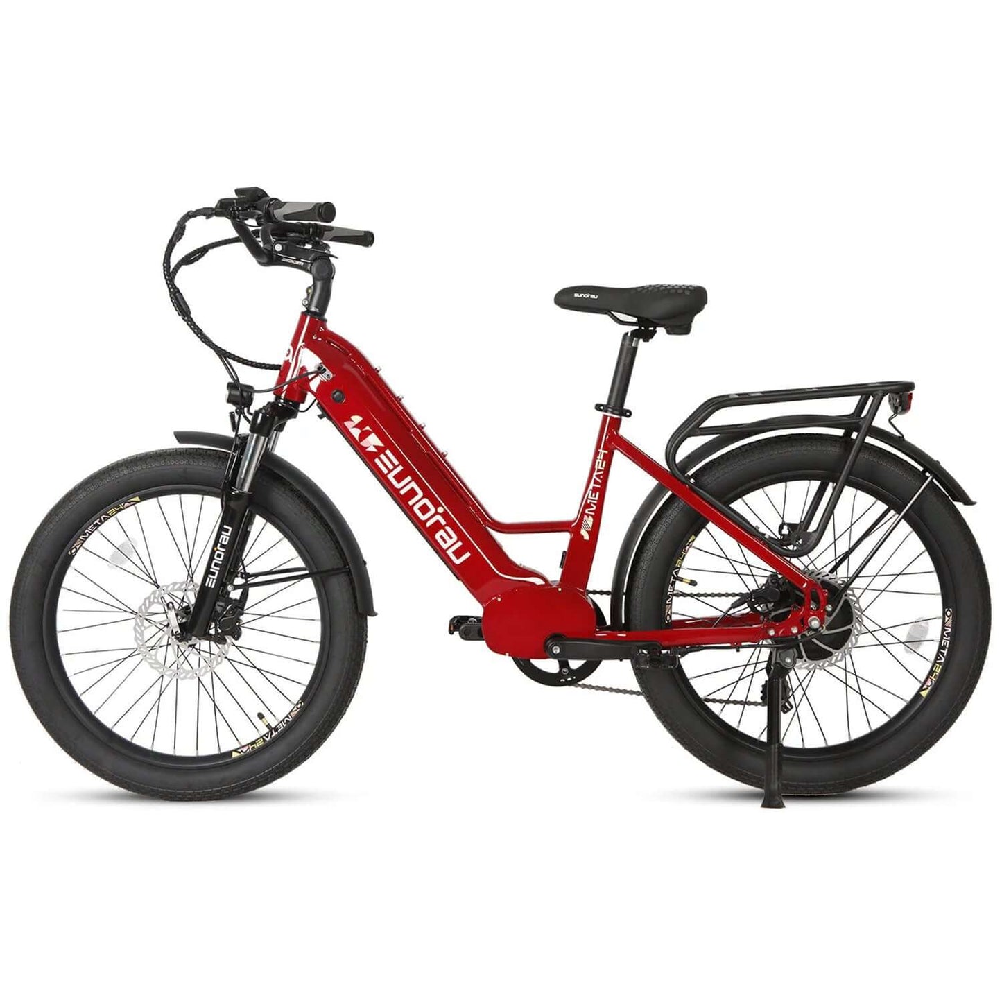 Eunorau META 2024 48V 500W Step-Thru Electric Bike in red color with wide tires and a sturdy frame.