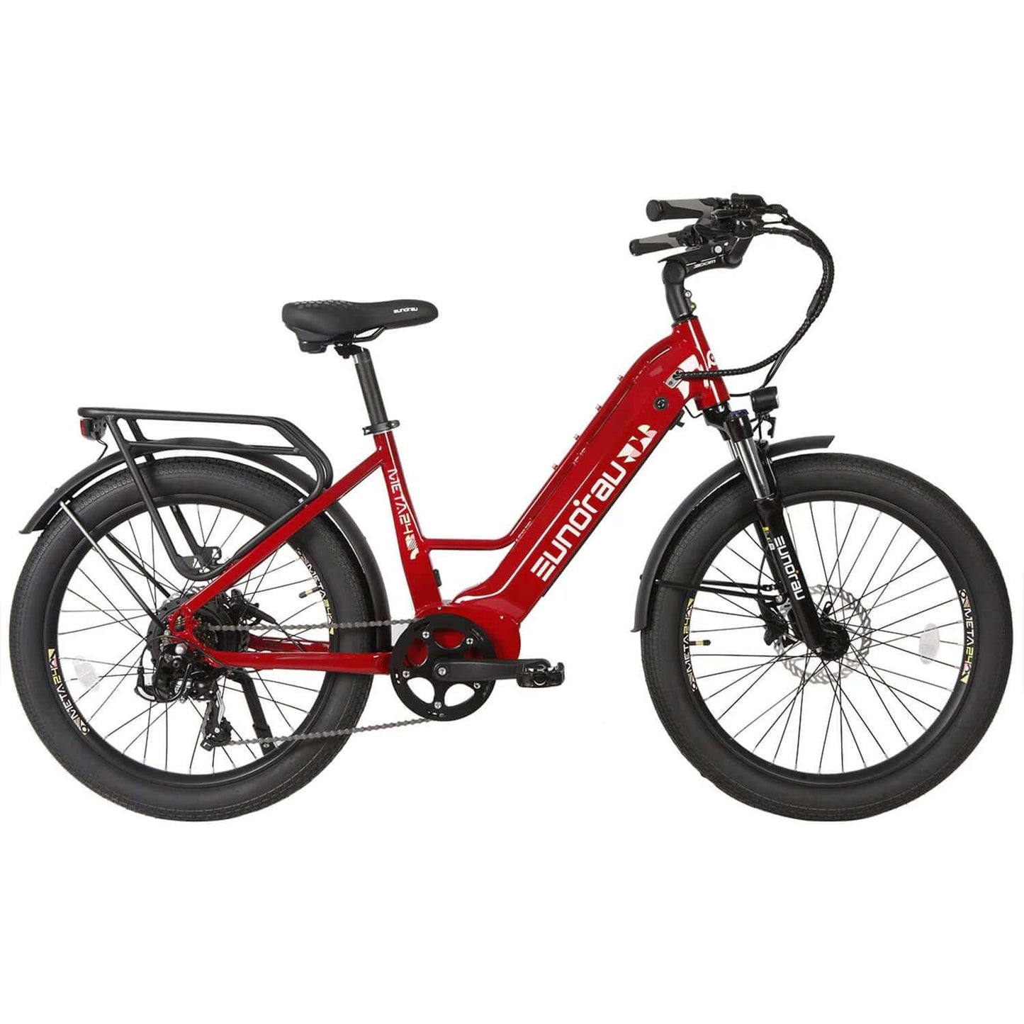 Eunorau META 2024 48V 500W step-thru electric bike in vibrant red color with fat tires.
