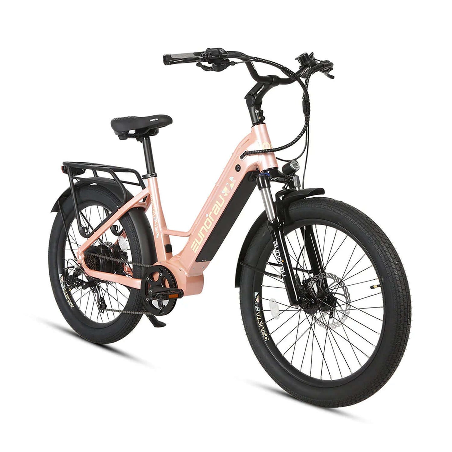 Eunorau META 2024 48V 500W Step-Thru Electric Bike in stylish design with black and pink colors.