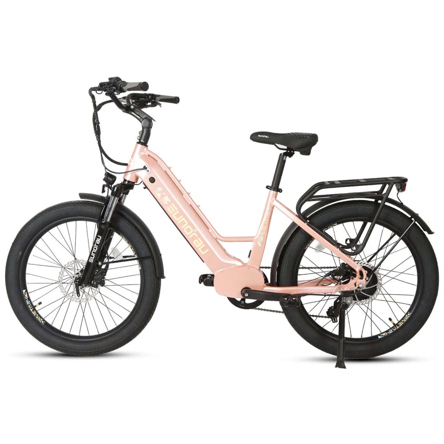 Eunorau META 2024 48V 500W Step-Thru Electric Bike in pink with wide tires and rear rack.