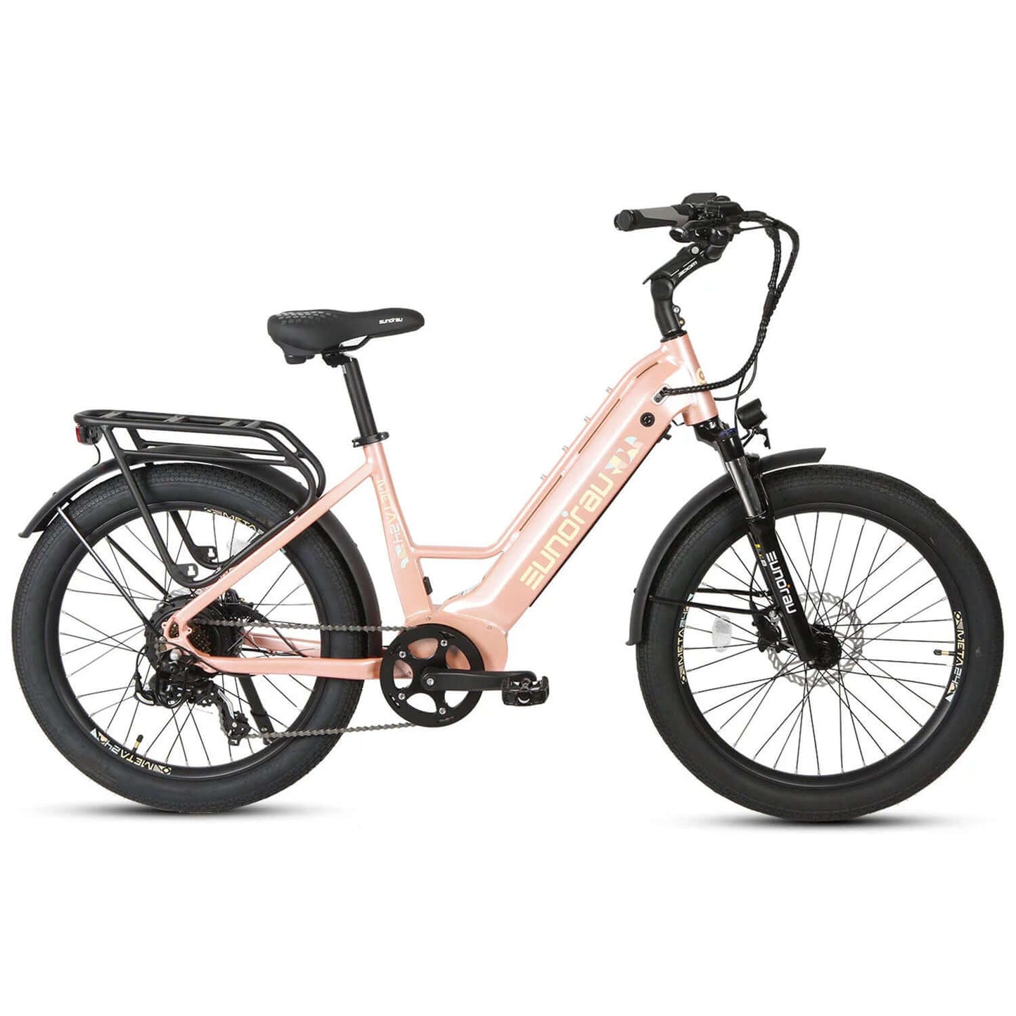 Eunorau META 2024 48V 500W Step-Thru Electric Bike in pink color with fat tires and rear rack.