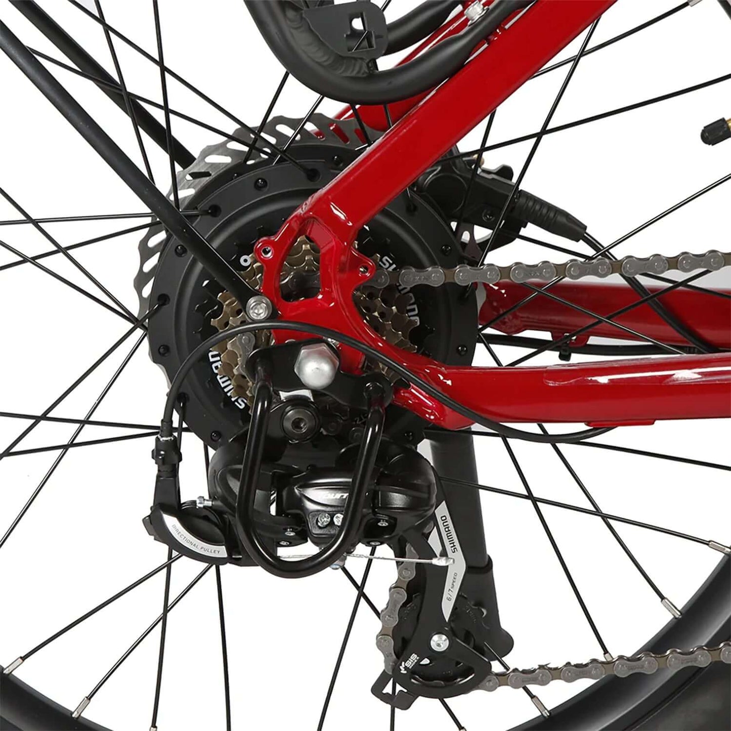 Eunorau META 2024 48V 500W Step-Thru Electric Bike rear hub and gear system close-up.