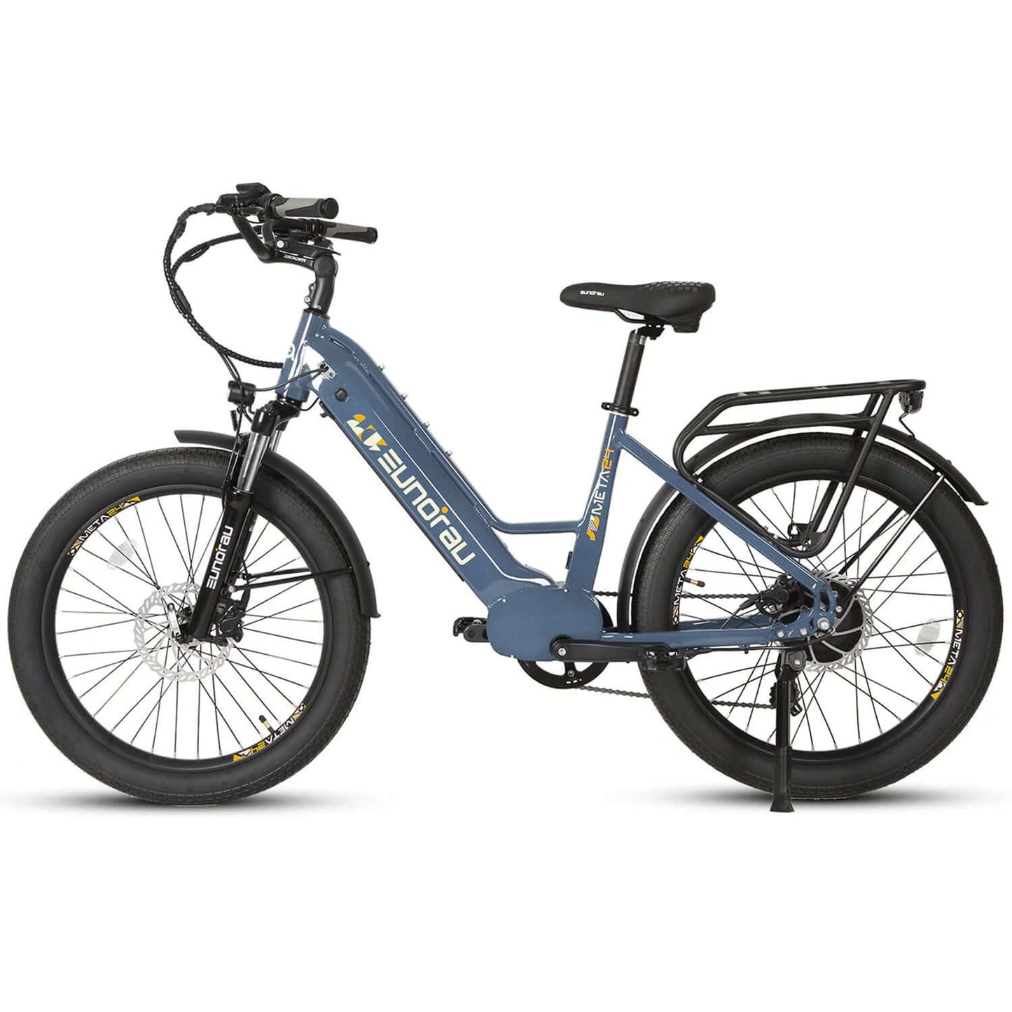 Eunorau META 2024 48V 500W Step-Thru Electric Bike in blue with fat tires and adjustable handlebars.