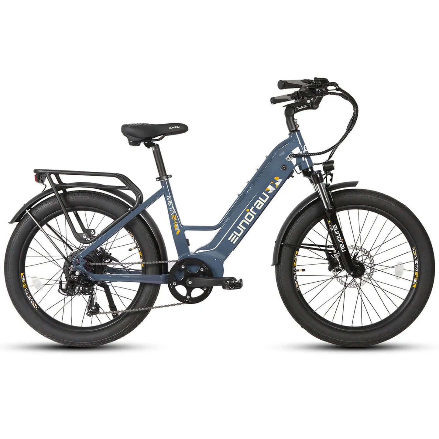 Eunorau META 2024 48V 500W Step-Thru Electric Bike in blue with thick tires and rear rack.