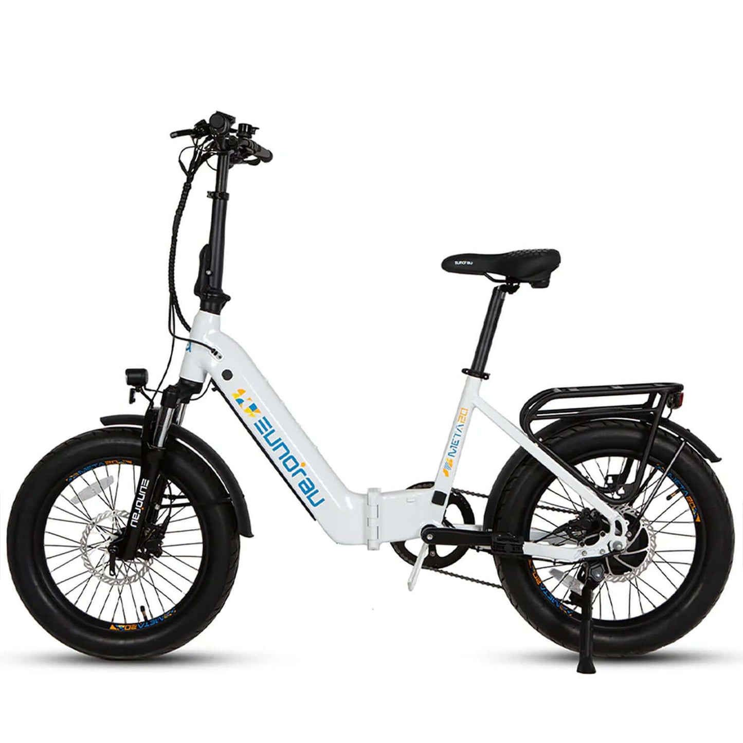 Eunorau META Foldable 48V 500W Step-Thru Electric Bike in white with fat tires and adjustable seat.