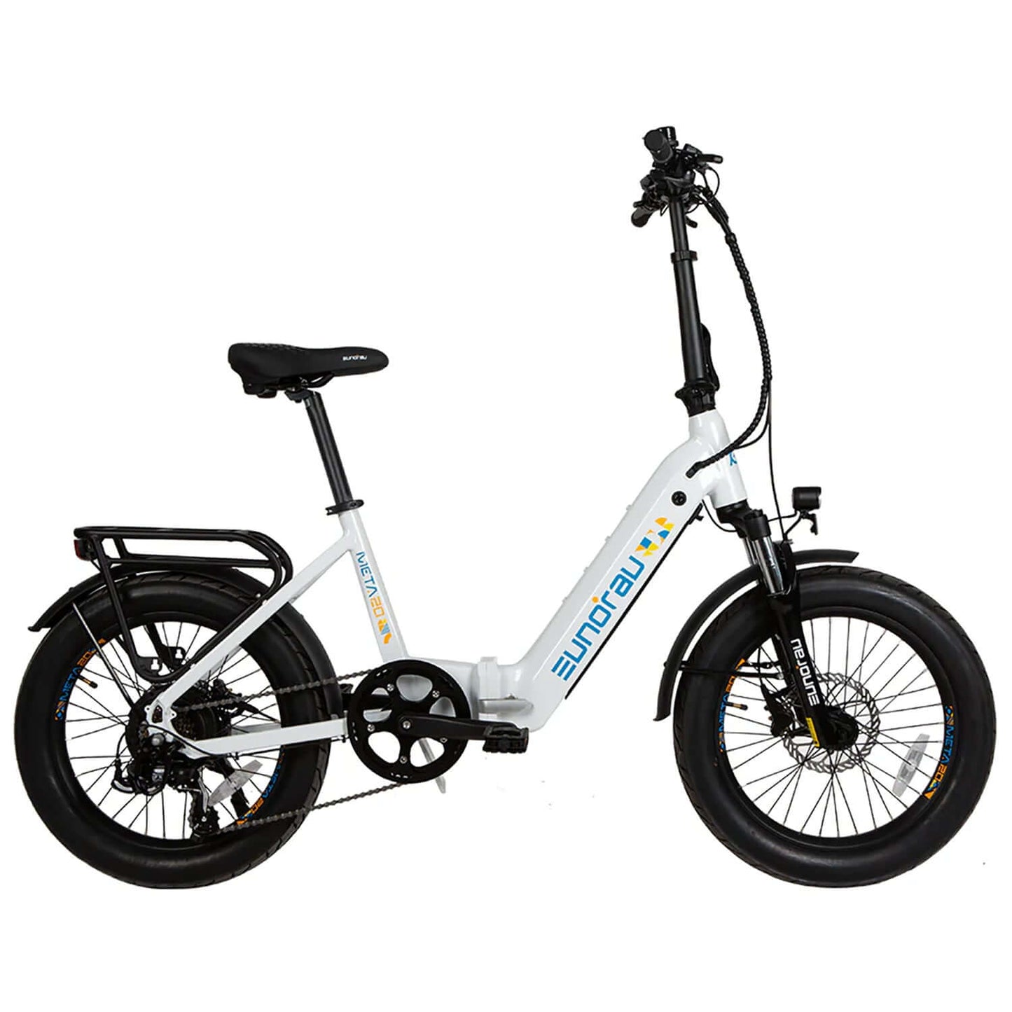 Eunorau META Foldable 48V 500W Step-Thru Electric Bike side view with fat tires and sleek design.