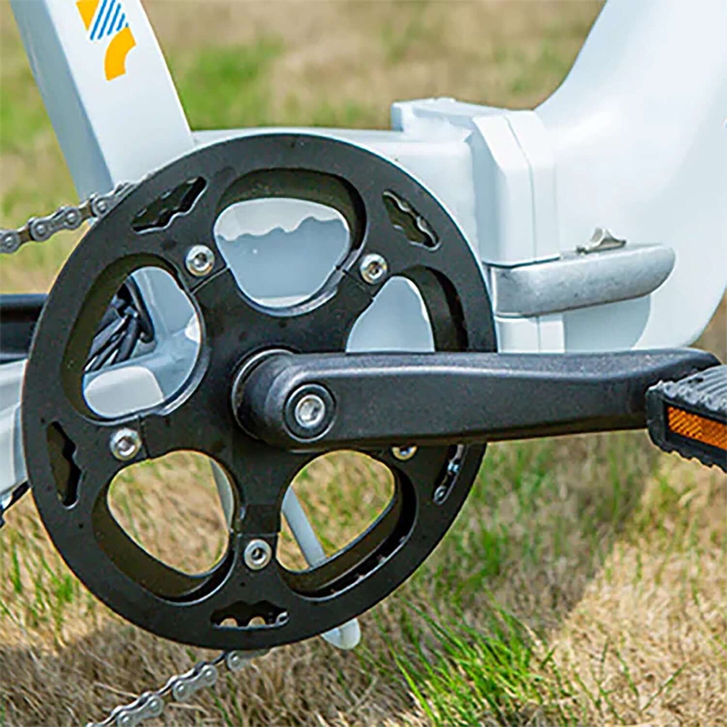 Eunorau META Foldable electric bike crankset and chainring detail for smooth cycling performance.