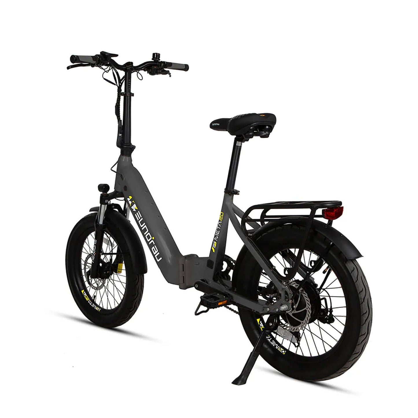 Eunorau META Foldable 48V 500W Step-Thru Electric Bike in grey color with thick tires and a rear rack.