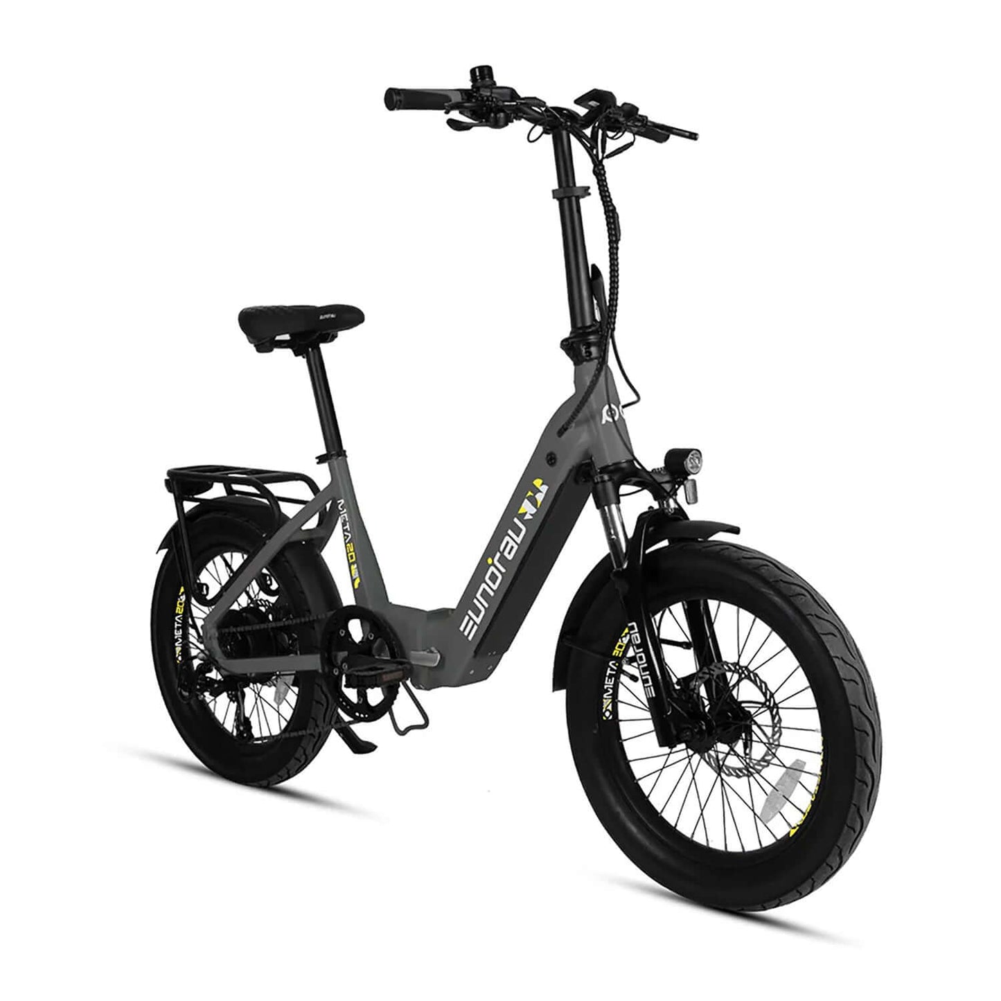 Eunorau META Foldable 48V 500W Step-Thru Electric Bike in sleek gray design, showcasing sturdy tires and modern features.