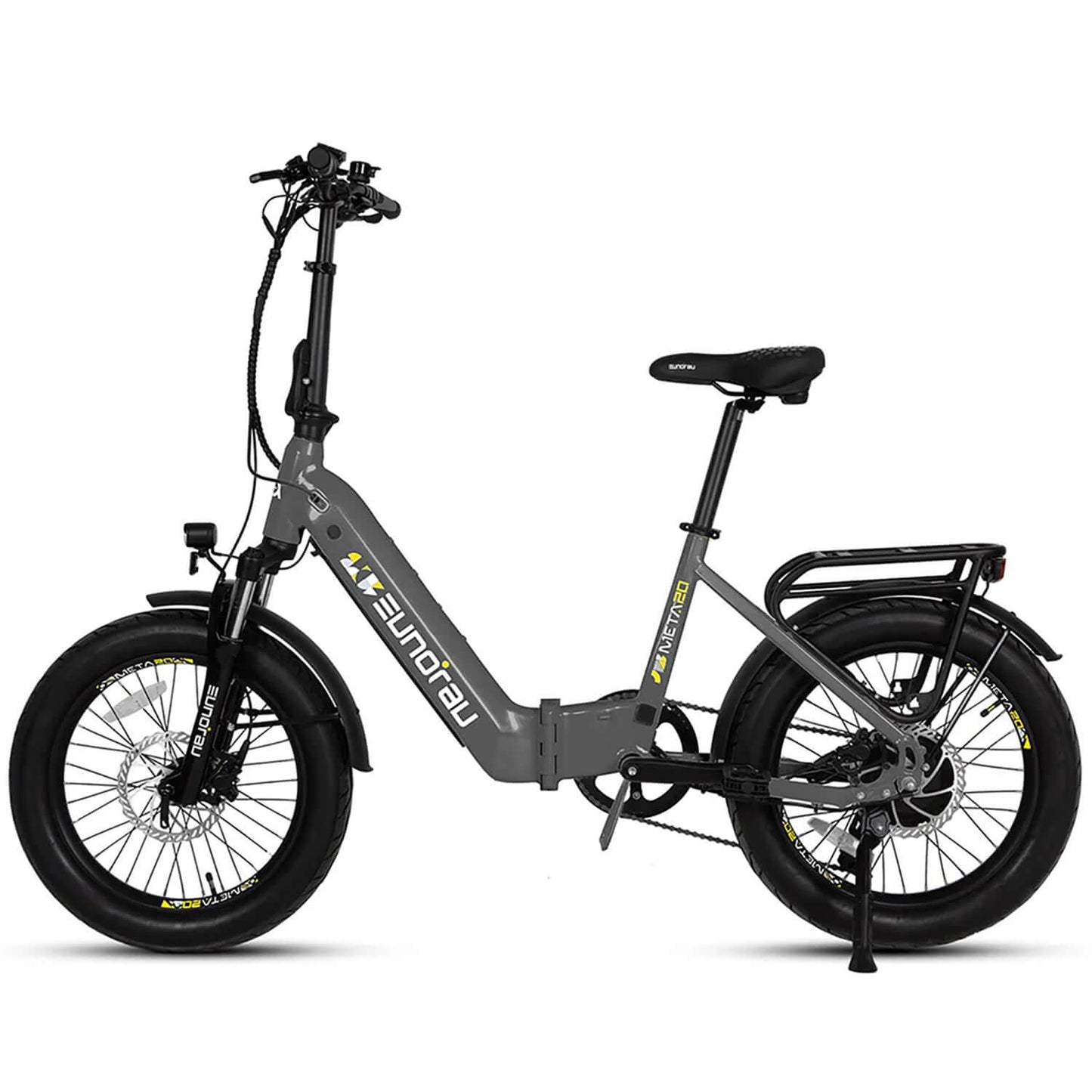 Eunorau META Foldable 48V 500W Step-Thru Electric Bike in gray color with fat tires.