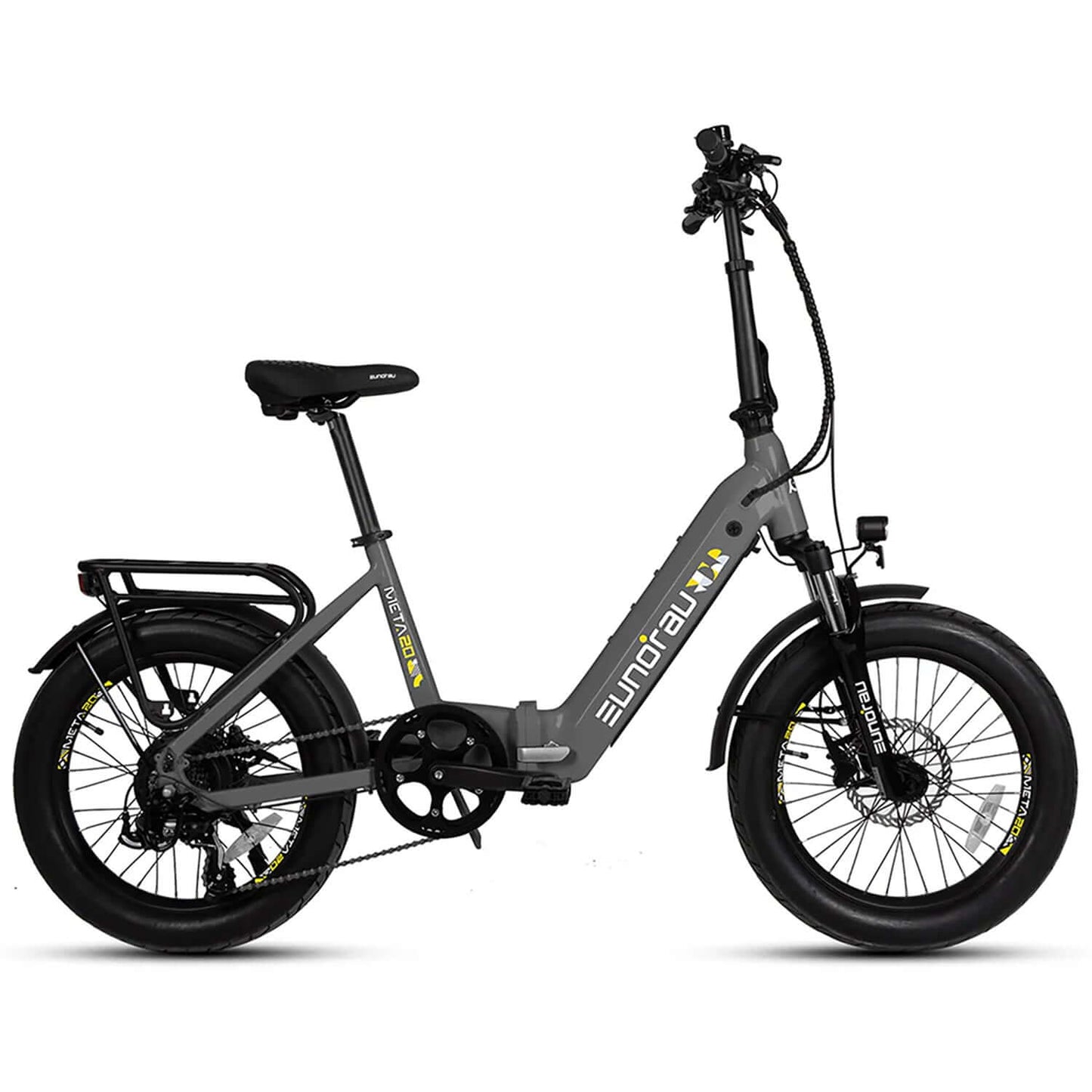 Eunorau META Foldable 48V 500W Step-Thru Electric Bike in gray with thick tires and compact frame.