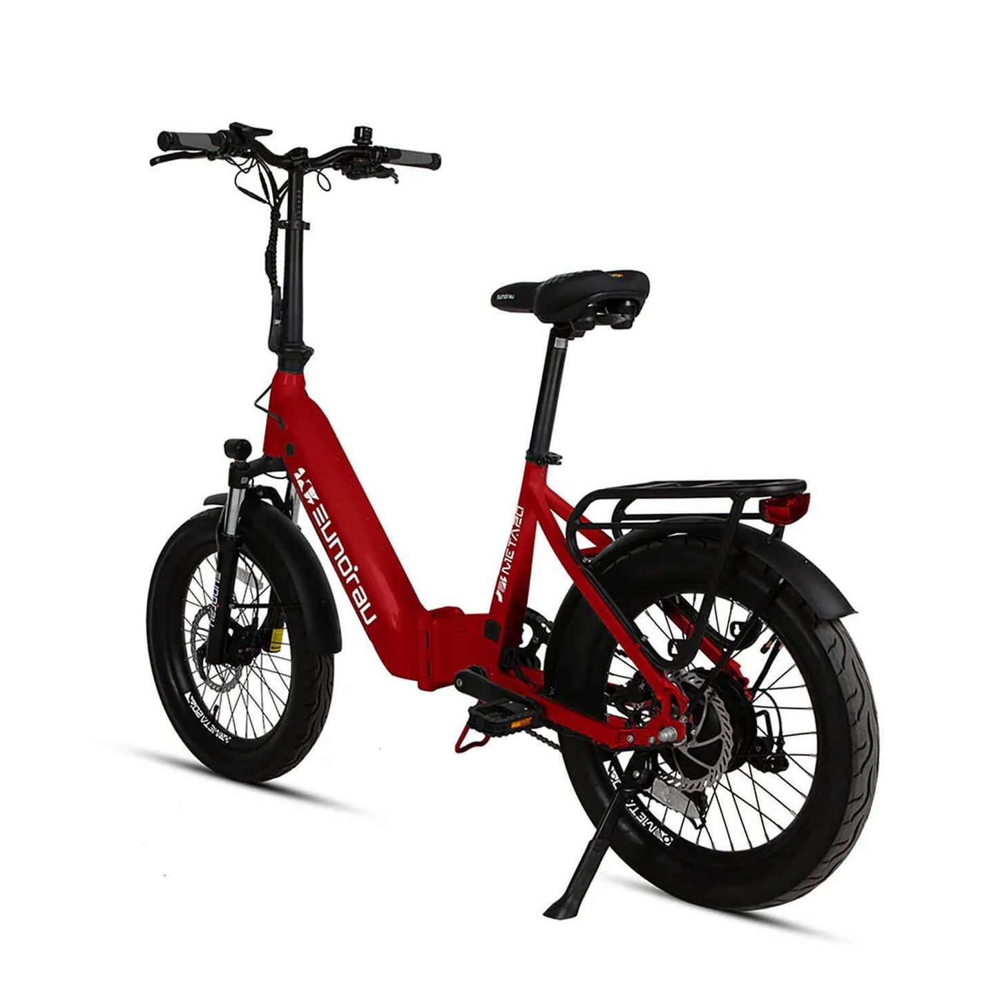 Eunorau META Foldable 48V 500W Step-Thru Electric Bike in red color with features highlighted.