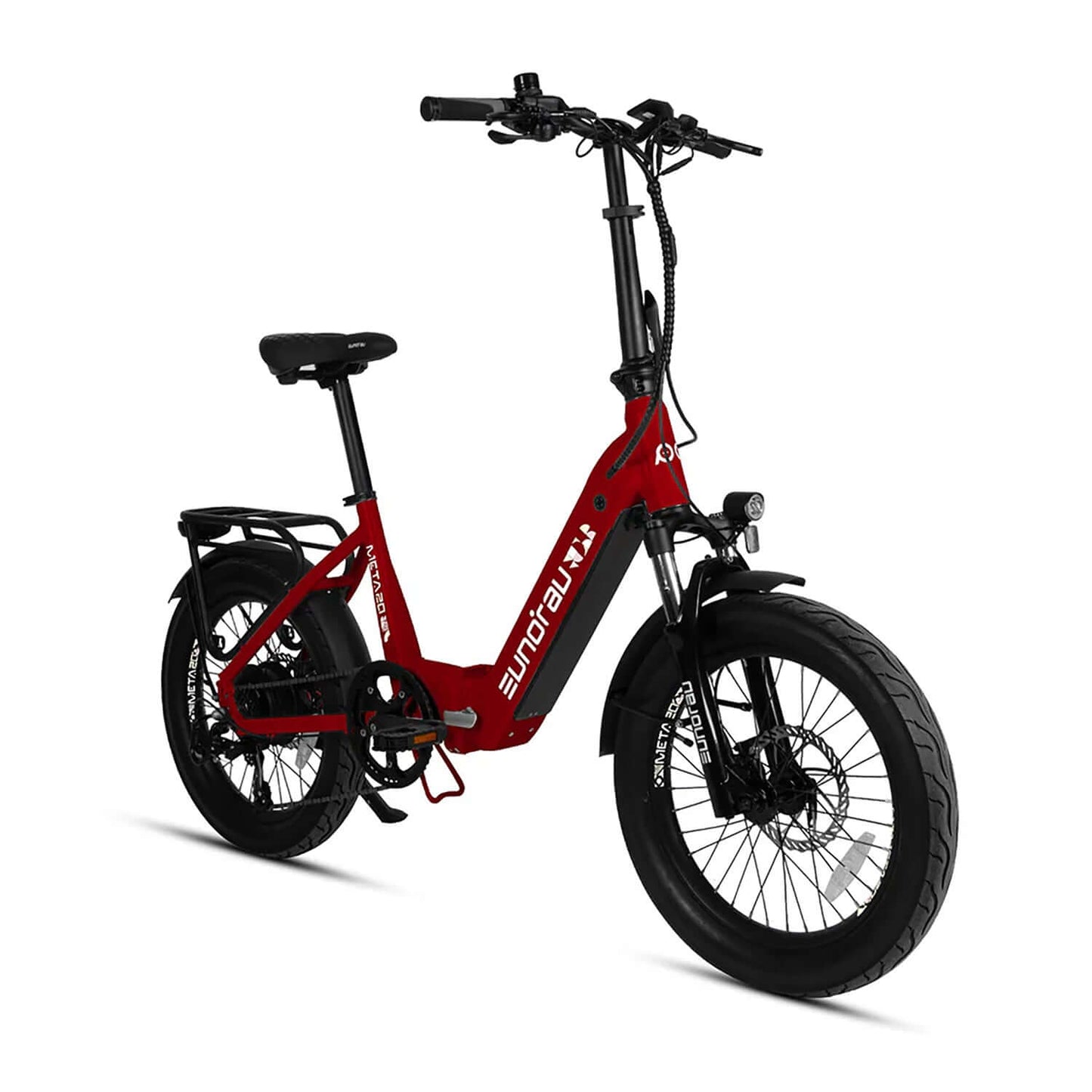 Eunorau META Foldable 48V 500W Step-Thru Electric Bike in red color with stylish design.