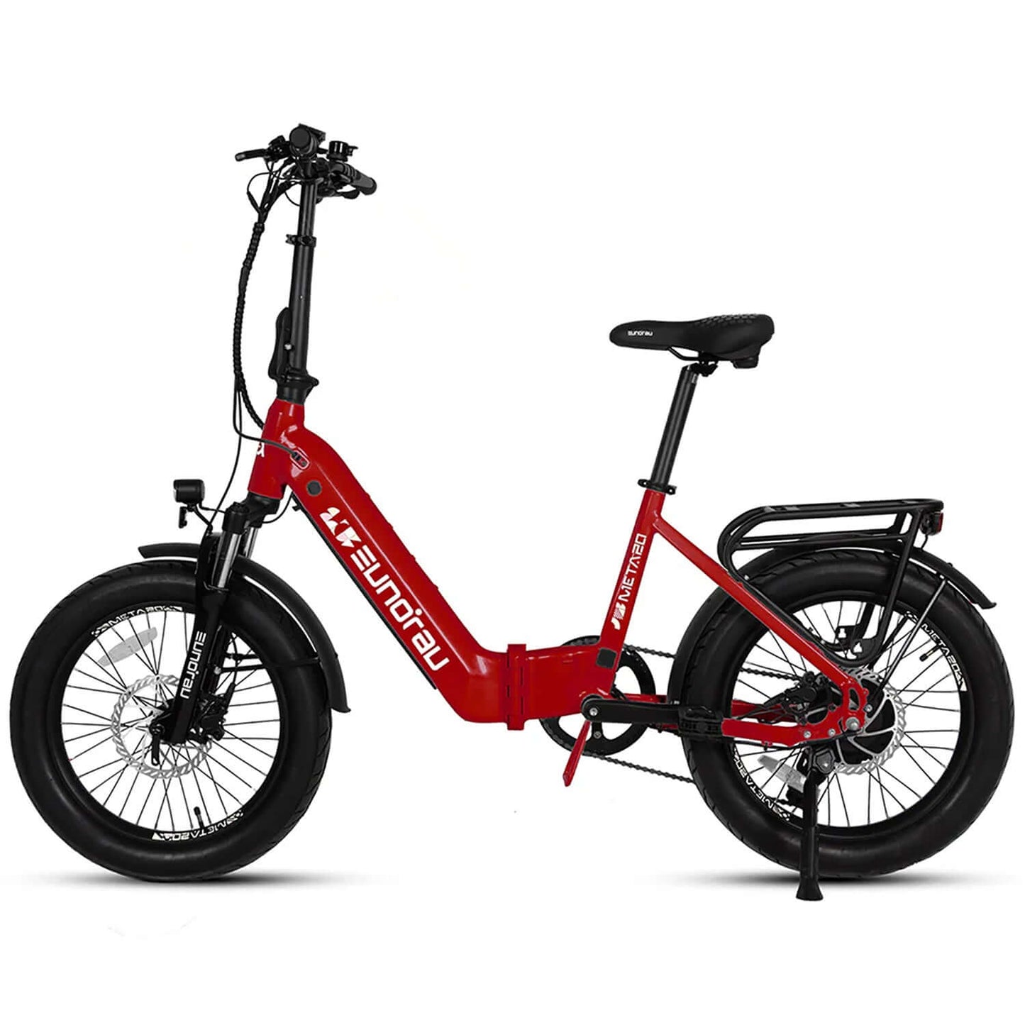Eunorau META Foldable 48V 500W Step-Thru Electric Bike in red with fat tires and comfortable seat