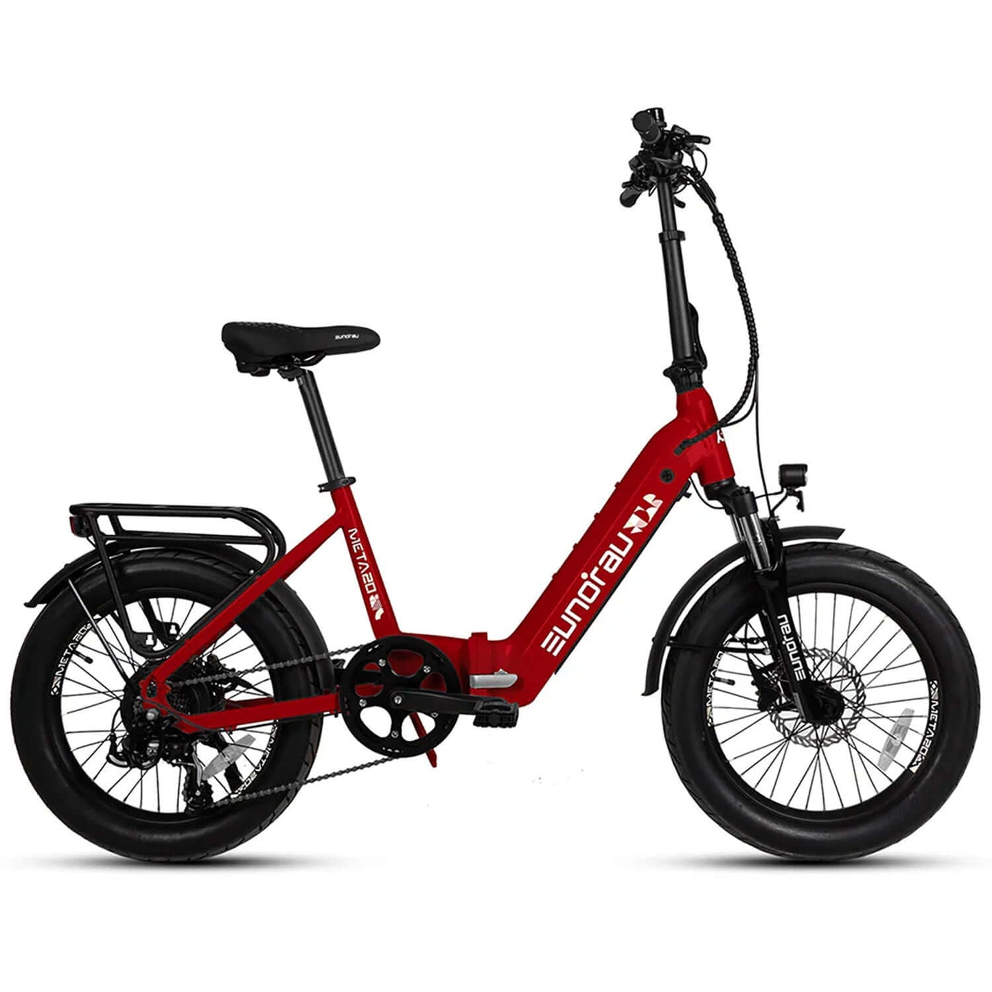 Eunorau META Foldable 48V 500W Step-Thru Electric Bike in red color with fat tires and sleek design.