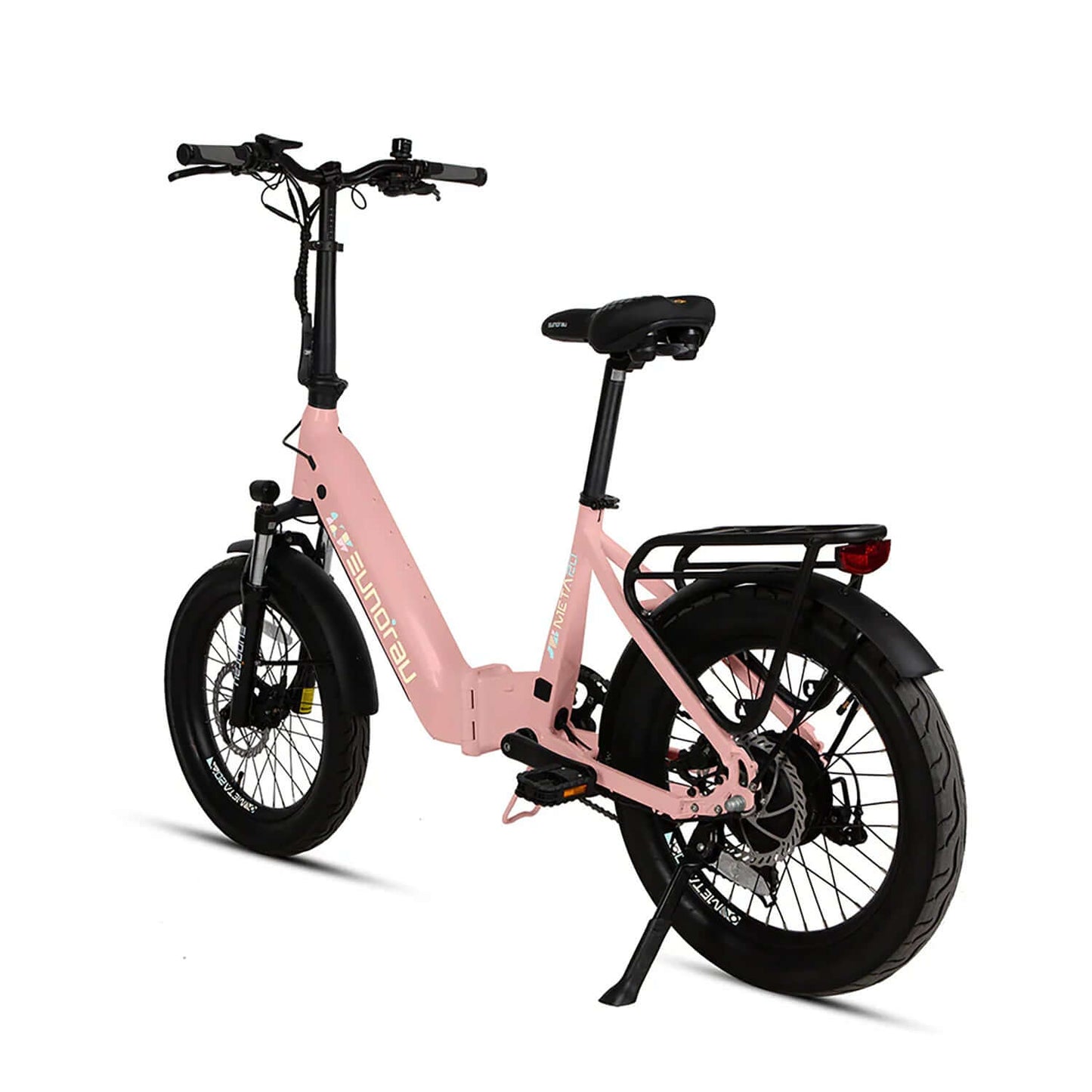 Eunorau META Foldable 48V 500W Step-Thru Electric Bike in pink with a modern design and sturdy tires.