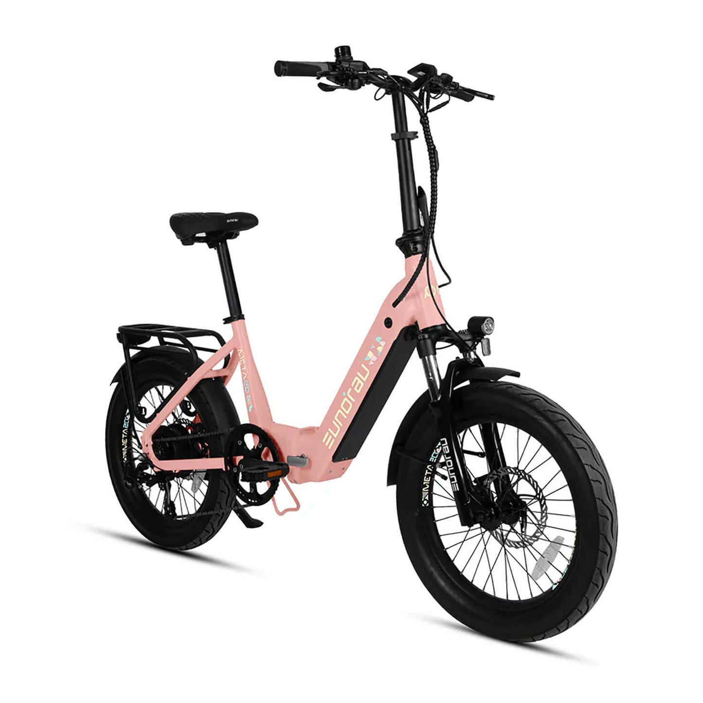 Eunorau META Foldable 48V 500W Step-Thru Electric Bike in pink with black accents and wide tires
