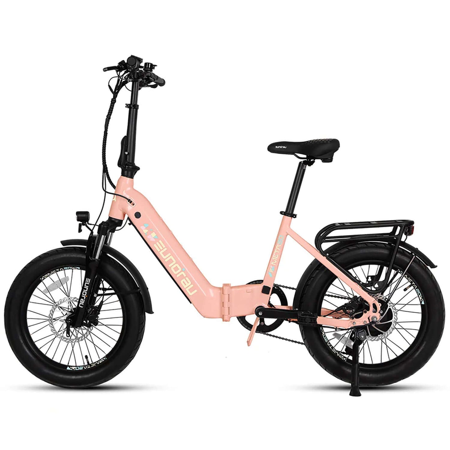 Eunorau META Foldable 48V 500W Step-Thru Electric Bike in pink color, showcasing its compact design and features.