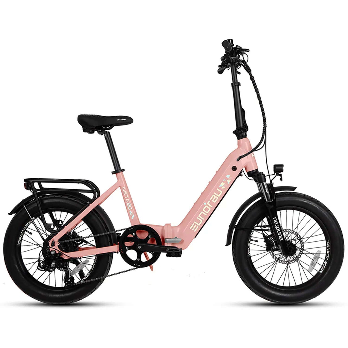 Eunorau META Foldable 48V 500W Step-Thru Electric Bike in pink with fat tires and a sleek design.