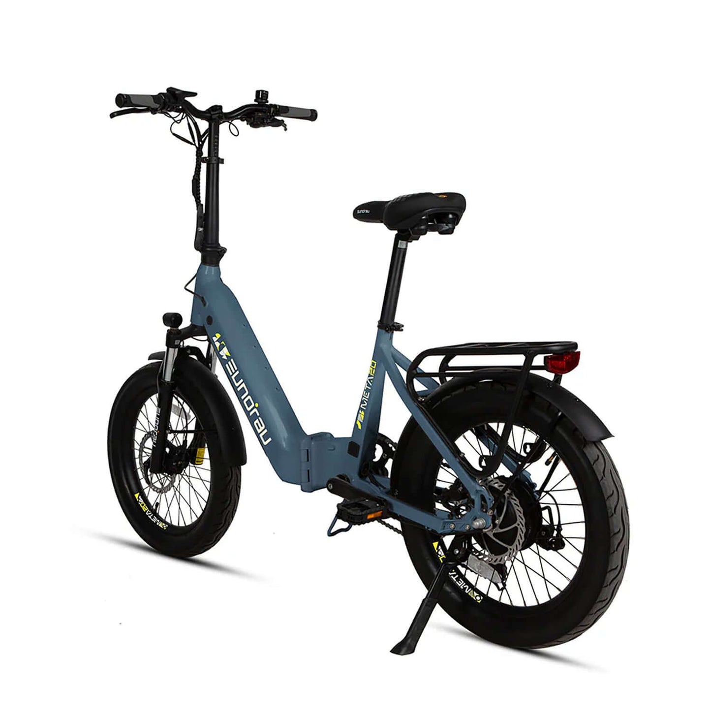 Eunorau META Foldable 48V 500W Step-Thru Electric Bike in blue color, showcasing its compact design and features.