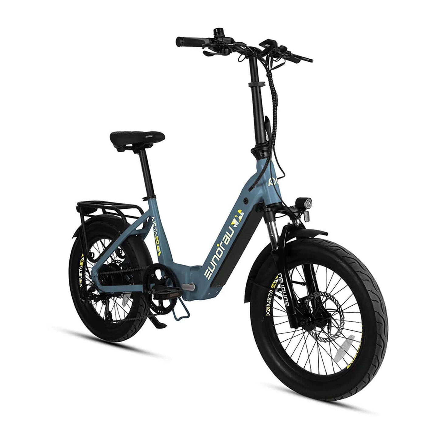 Eunorau META Foldable 48V 500W Step-Thru Electric Bike in blue with large tires and comfortable seat.
