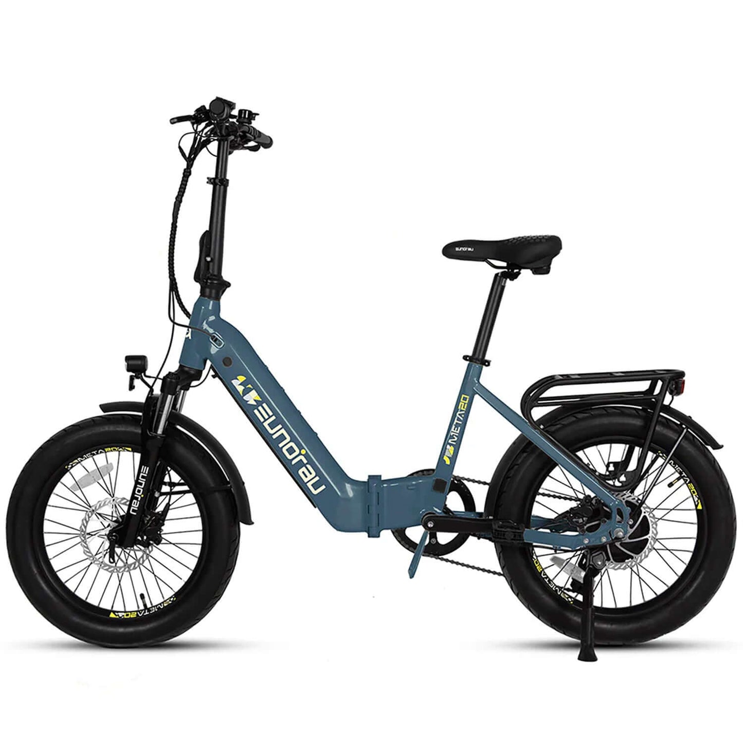 Eunorau META Foldable 48V 500W Step-Thru Electric Bike with fat tires and a sleek design.