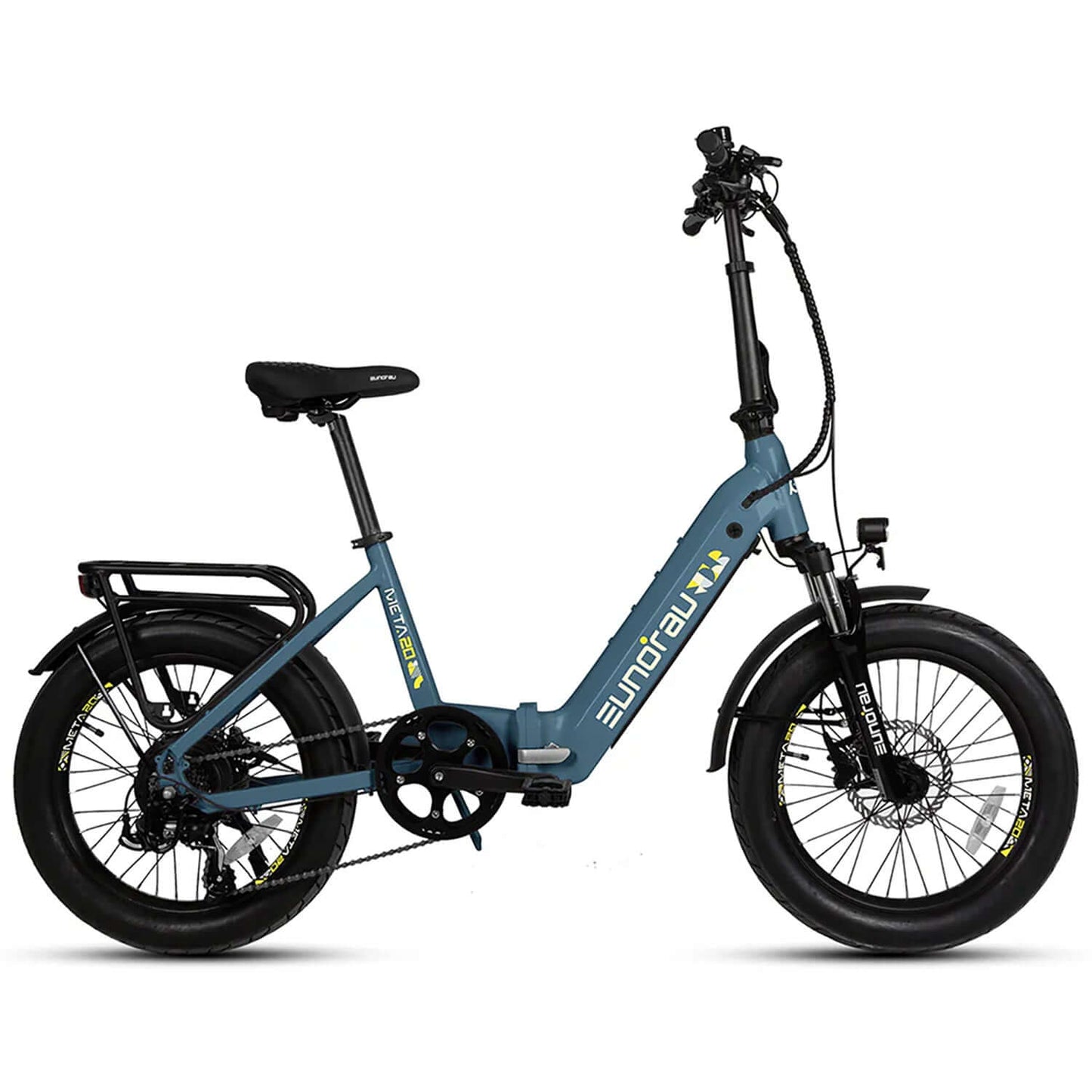 Eunorau META Foldable 48V 500W Step-Thru Electric Bike profile view with large tires.