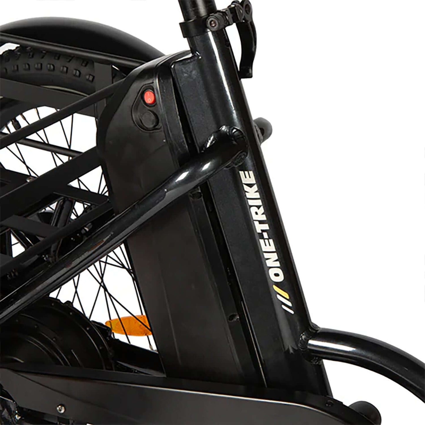 Eunorau ONE-TRIKE 48V battery and frame design close-up showing electric trike features.