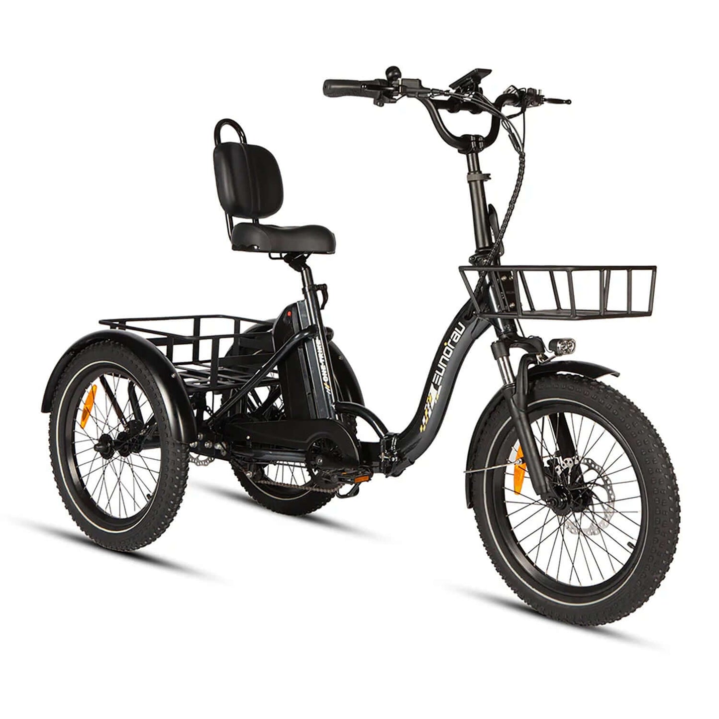 Eunorau ONE-TRIKE 48V 500W Electric Trike with supportive seat and rear storage basket.
