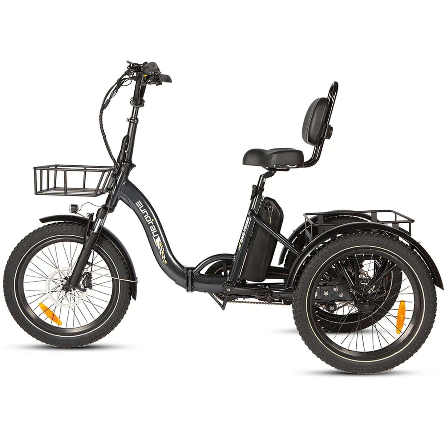 Eunorau ONE-TRIKE 48V 500W Electric Trike side view with battery and storage basket