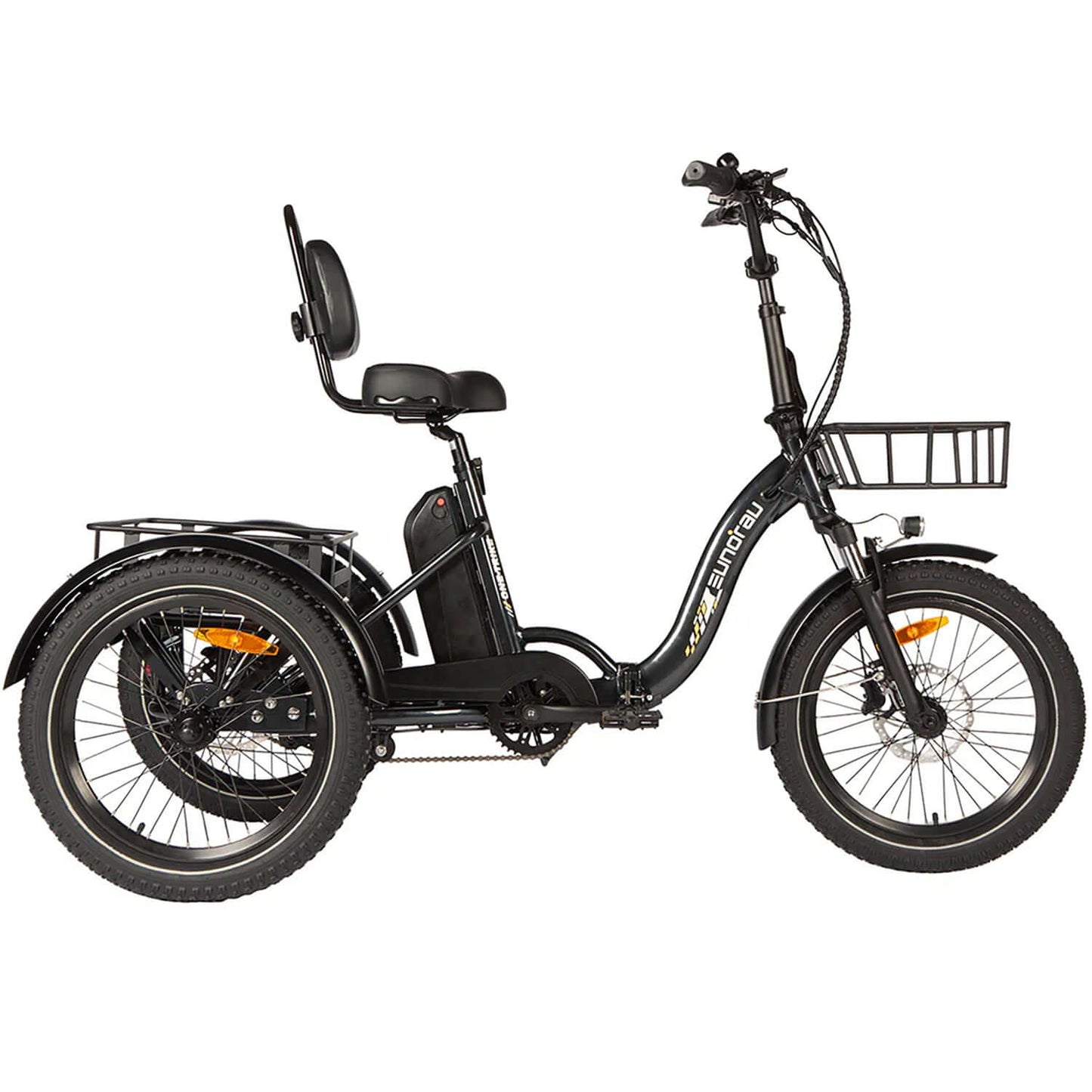 Eunorau ONE-TRIKE 48V 500W Electric Trike side view featuring comfortable seat and storage basket.