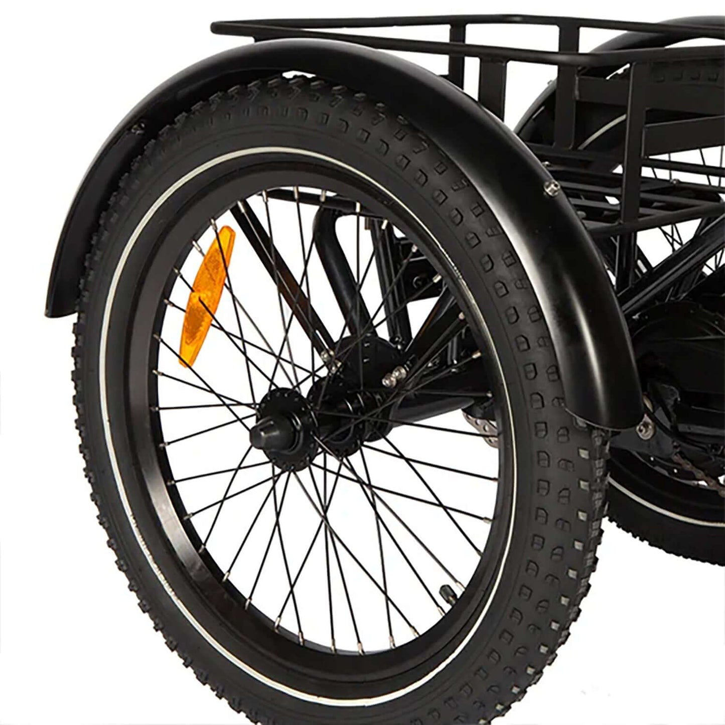 Close-up view of the rear wheel of the Eunorau ONE-TRIKE 48V 500W Electric Trike showcasing its sturdy design and tires.