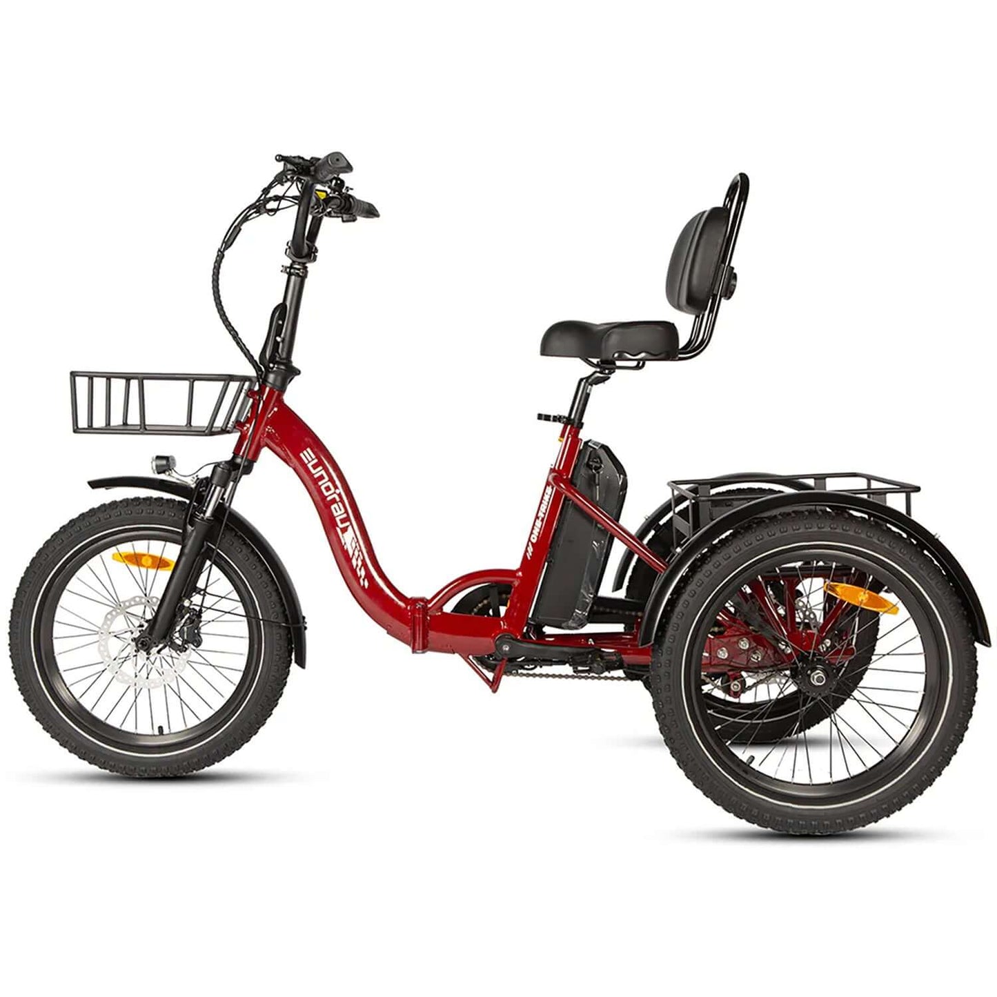 Eunorau ONE-TRIKE 48V 500W Electric Trike in red with basket and comfortable seat.