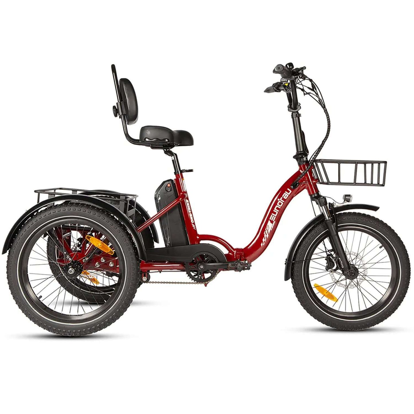 Eunorau ONE-TRIKE 48V 500W Electric Trike side view with adjustable seat and rear storage.