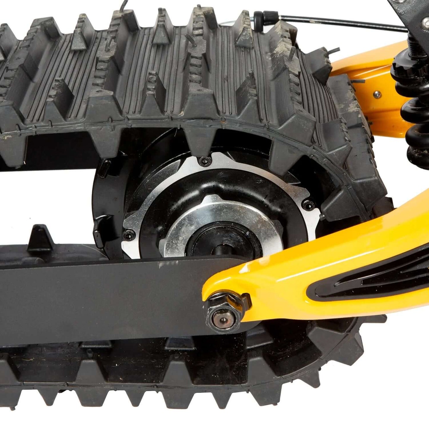 Close-up of the track and drive system on the Eunorau SLED XD-1500PRO electric snow scooter.