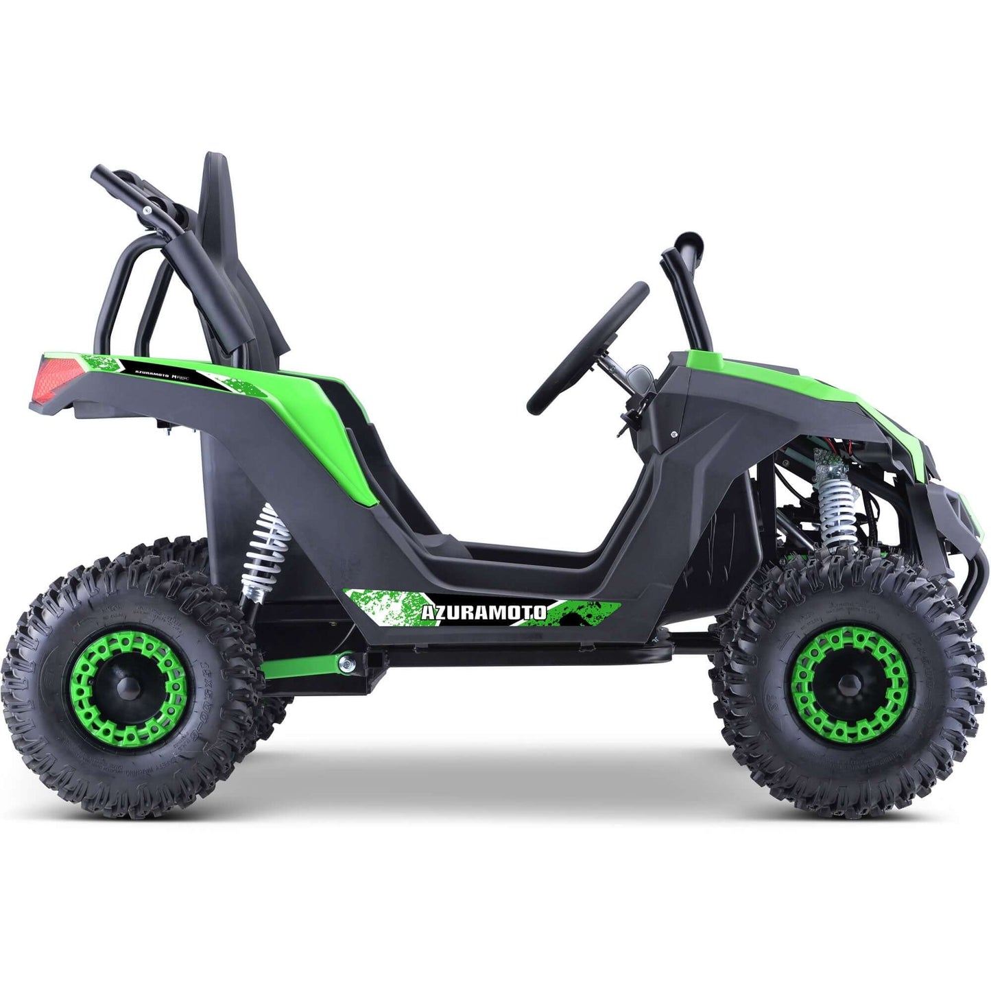 A side view of the MotoTec Raider kids UTV, featuring powerful tires and a sleek green and black design.