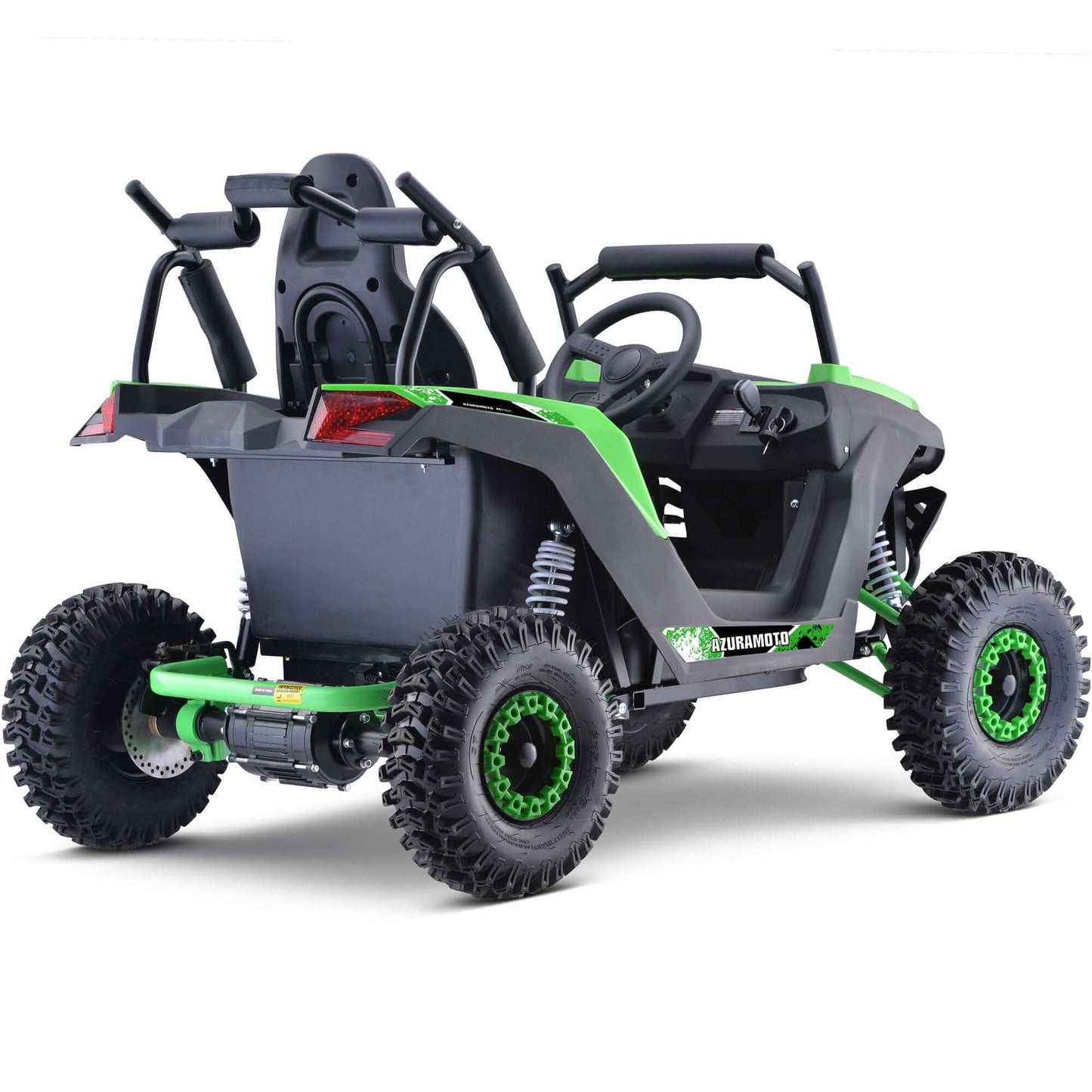 Rear view of MotoTec Raider Kids UTV, featuring full suspension, green accents, and large off-road tires.
