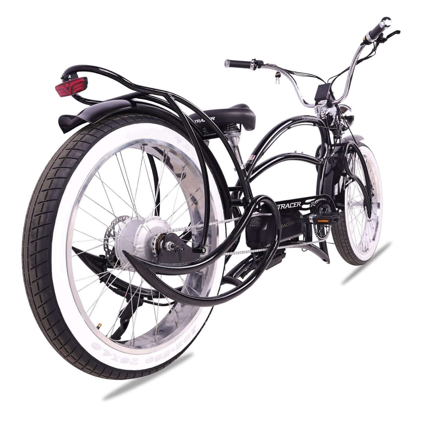 Tracer Beyond Pro Classic Stretch Chopper Electric Bike with black frame and whitewall tires, showcasing the rear design.