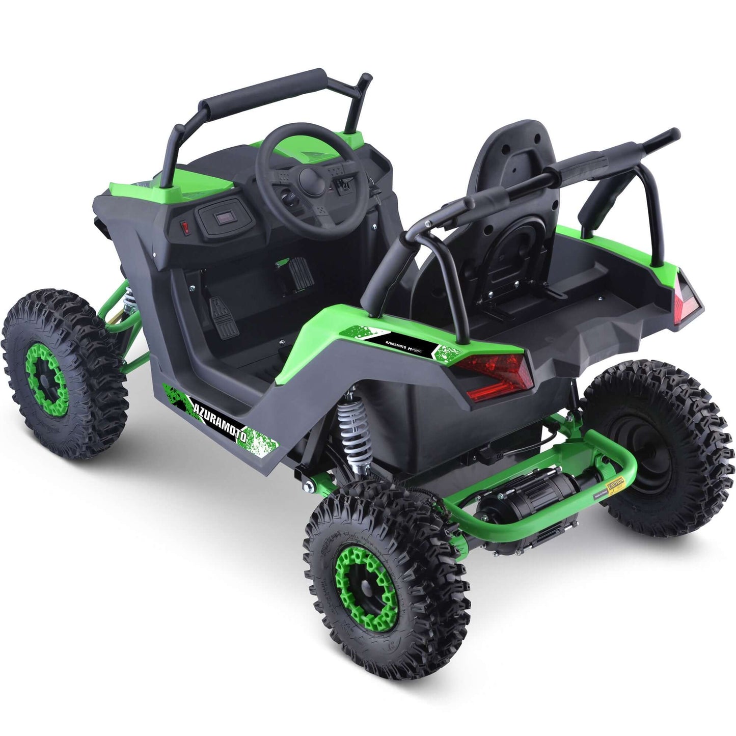 Green MotoTec Raider Kids UTV with full suspension and off-road tires, designed for adventurous outdoor rides.