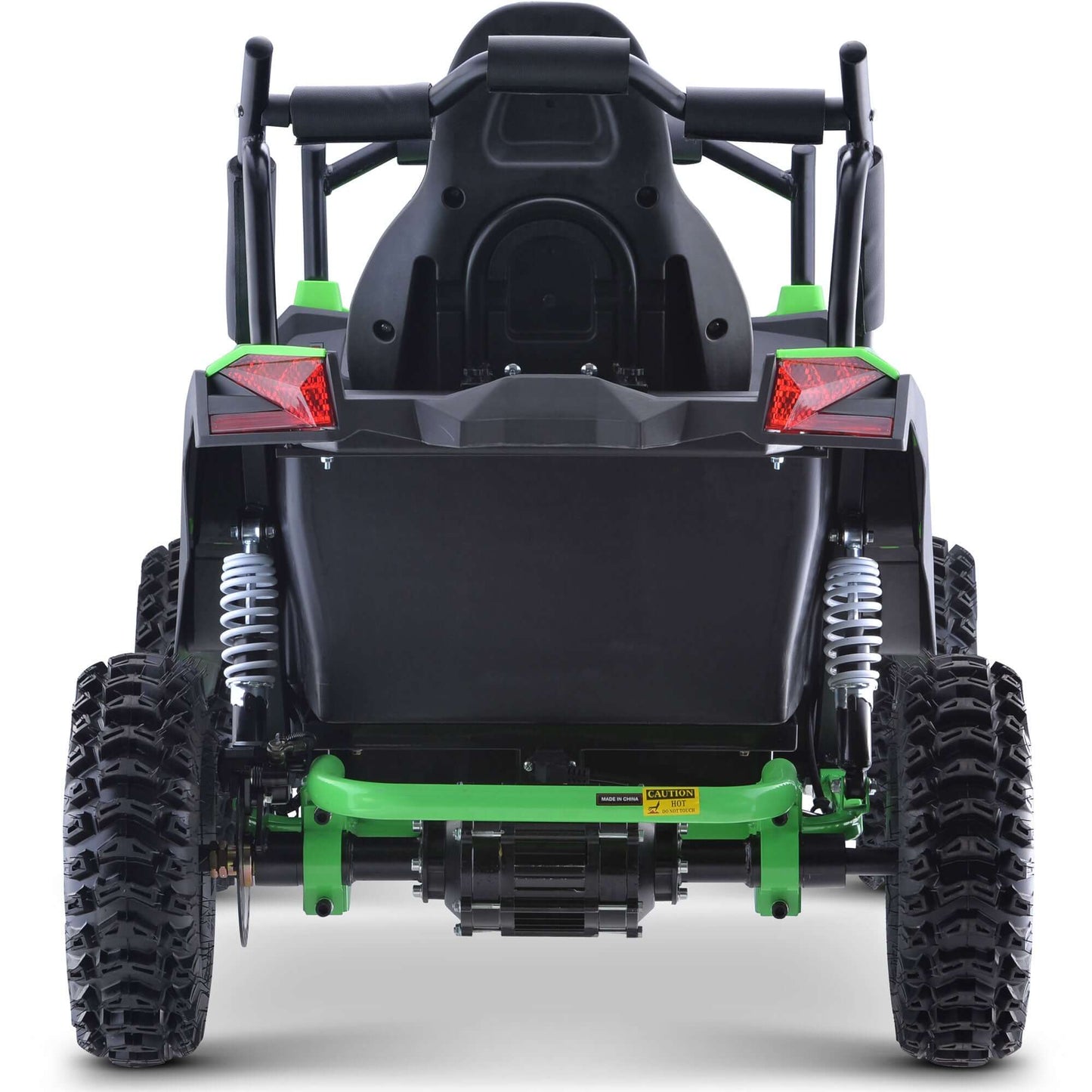Back view of MotoTec Raider Kids UTV showcasing full suspension and rugged tires.