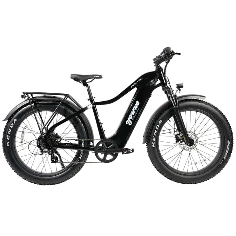 Black electric bike with Kenda tires on a white background