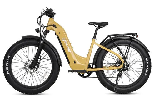 Yellow electric bike with Kenda tires on a white background